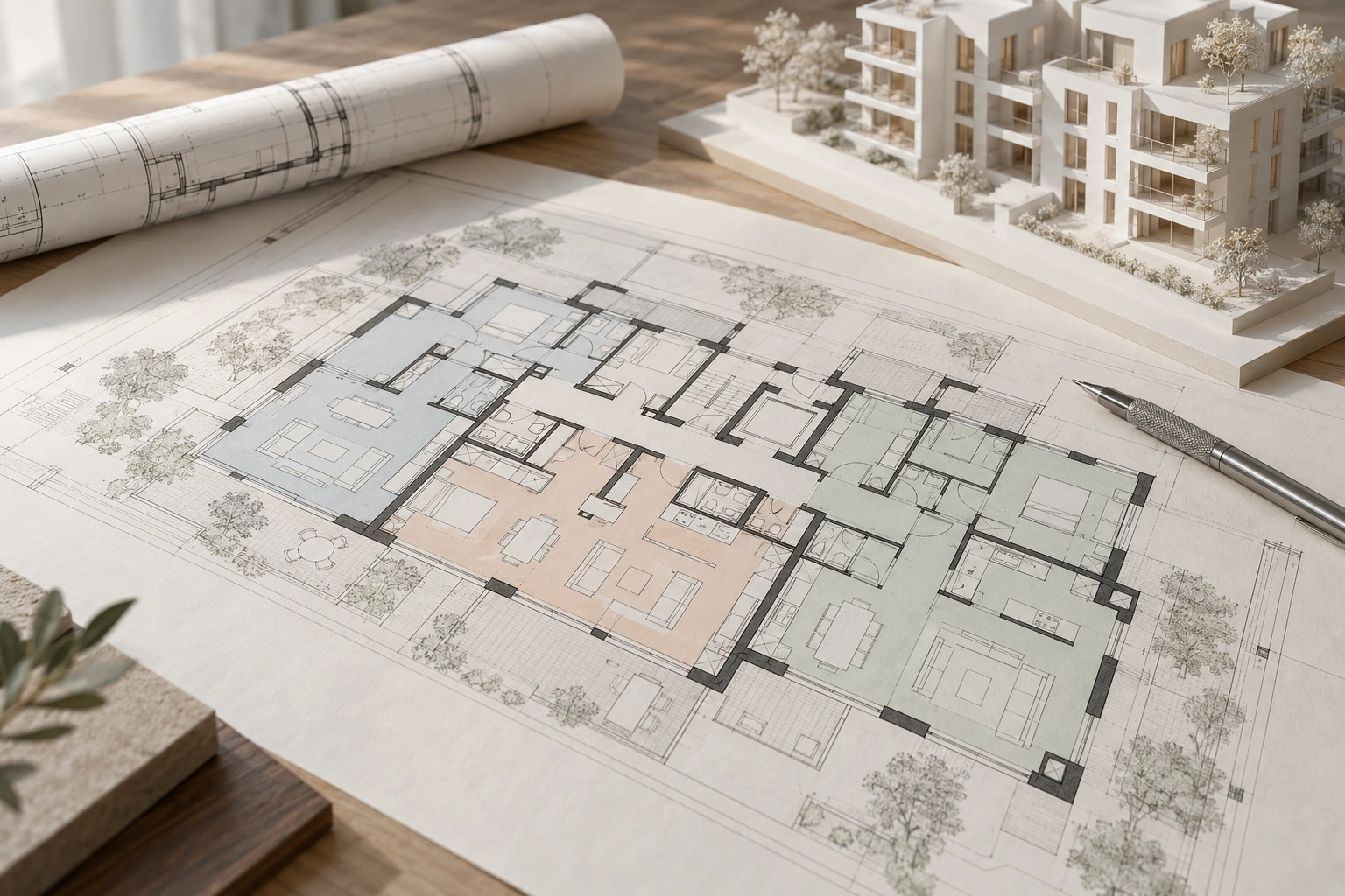 Arkitekttegninger med fargelagte arealer på et arbeidsbord, med bygningsmodell i bakgrunnen